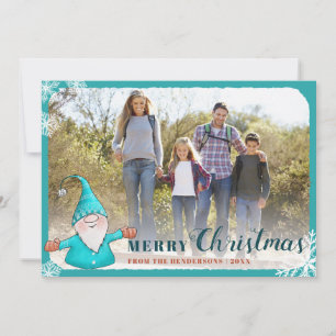 Add Family Photo Teal Blue Gnome Christmas Holiday Card