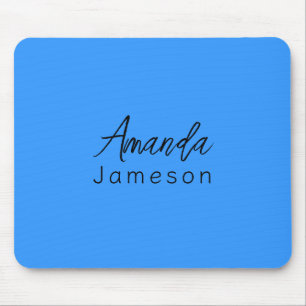 Add Full Name Simple Minimal Monogram Bright Blue Mouse Mat