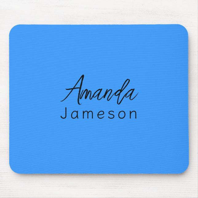 Add Full Name Simple Minimal Monogram Bright Blue  Mouse Mat (Front)