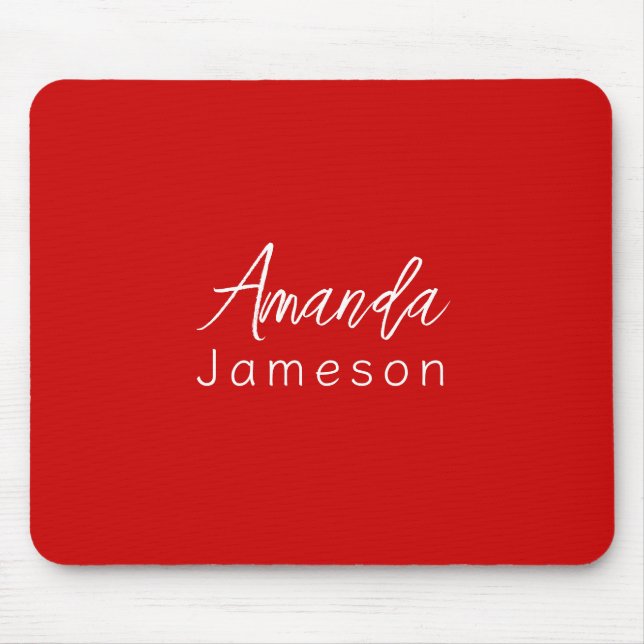 Add Full Name Simple Minimal Monogram Bright Red Mouse Mat (Front)