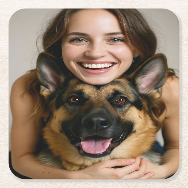 Add German Shepherd Photo Personalize Square Paper Coaster (Front)