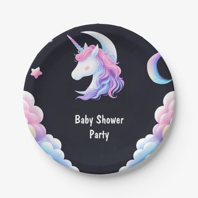Add Glow Space Royal Pony Unicorn Baby Girl Shower Paper Plate (Front)