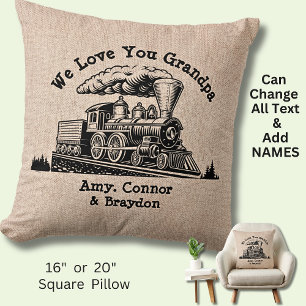 Add Grandkid Names We Love You Grandpa Steam Train Cushion