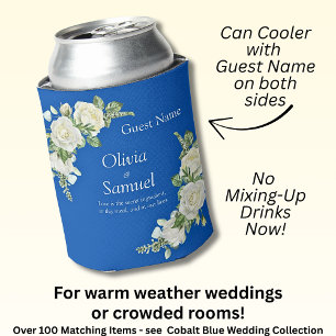 Add Guest Name Cobalt Blue & White Roses Can Cooler