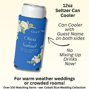 Add Guest Name Cobalt Blue & White Roses  Seltzer Can Cooler