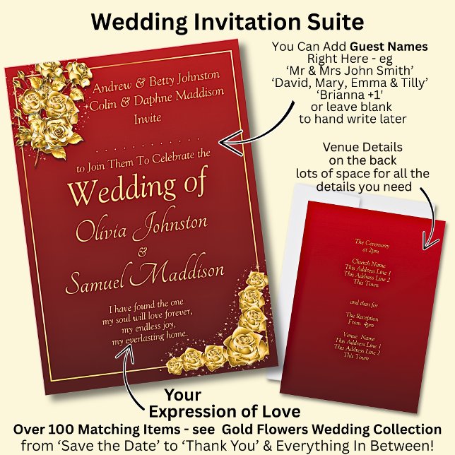 Add Guest Name Gold Rose Flower Maroon Red Wedding Invitation (Creator Uploaded)