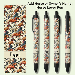 Add Horse or Owner's Name, Galloping Horses Black Ink Pen