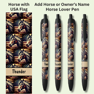 Add Horse or Owner's Name, Horse with USA Flag Black Ink Pen