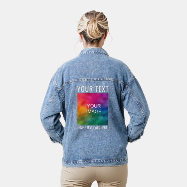 Add Image Logo Text Womens Blue Custom Template Denim Jacket (Model)