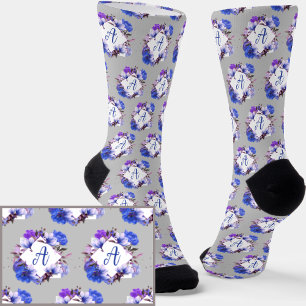 Add Initial, Blue & Mauve Flowers on Pale Grey Socks