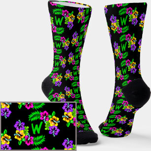 Add Initial, Hibiscus Tropical Flowers on Black Socks