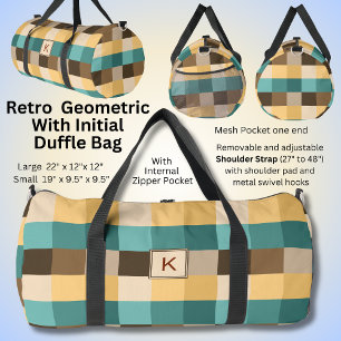 Add Initial, Retro Abstract Squares Green Brown Duffle Bag