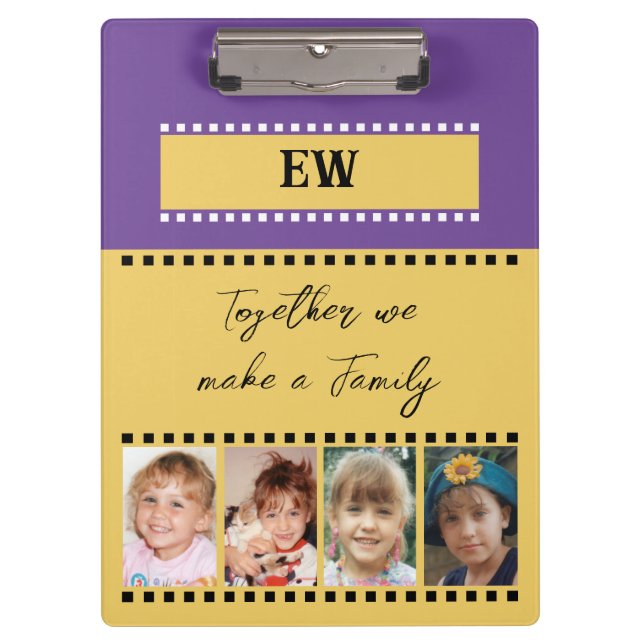 Add initials 8 family photos yellow purple clipboard (Front)