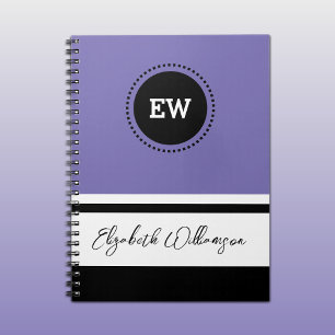 Add initials and name purple and black notebook