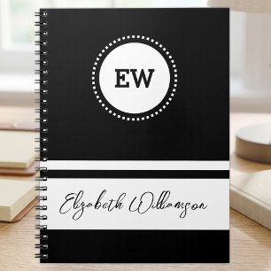Add initials and name white and black notebook