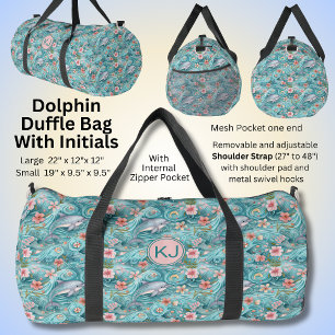 Add Initials, Aqua Blue Dolphins & Flowers Duffle Bag