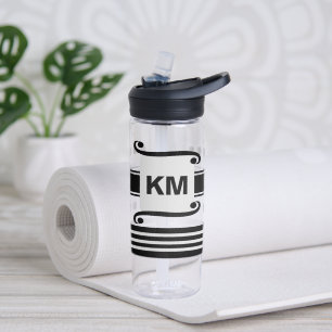 Add initials black and grey with stripes water bottle