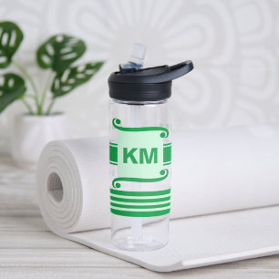 Add initials dark and pale green with stripes water bottle