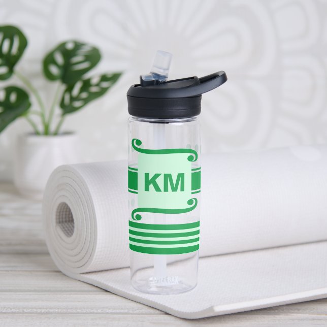 Add initials dark and pale green with stripes water bottle (Yoga)