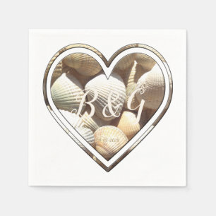 Add Initials & Date Seashells Heart, Beach Wedding Napkin