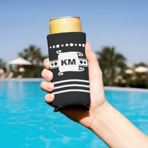 Add initials dots stripes relax black and white seltzer can cooler