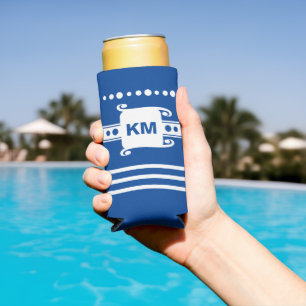 Add initials dots stripes relax blue and white seltzer can cooler