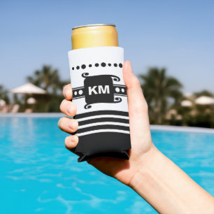 Add initials dots stripes relax white and black seltzer can cooler