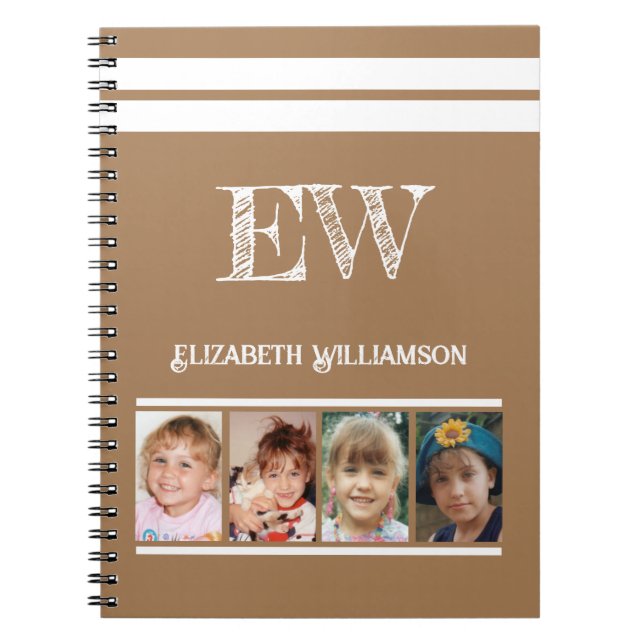 Add initials name 4 photos brown white notebook (Front)