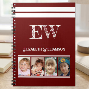 Add initials name 4 photos burgundy white notebook
