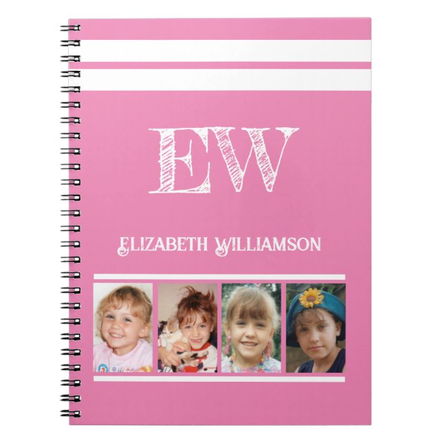 Add initials name 4 photos pink white notebook (Front)