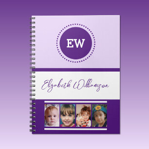 Add initials name 4 photos white purple notebook