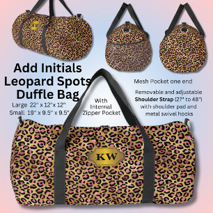 Add Initials, Pink on Gold Leopard Spots Duffle Bag