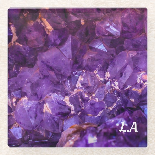 Add Initials - Purple Crystals Glass Coaster (Front)