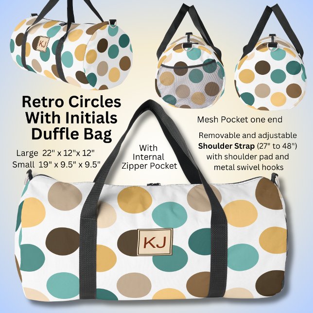 Add Initials, Retro Circles Green Brown Cream Duffle Bag (Creator Uploaded)