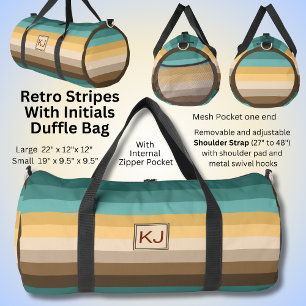 Add Initials, Retro Stripes Green Brown Cream Duffle Bag