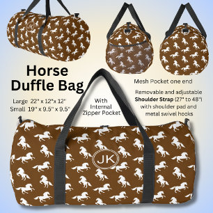 Add Initials, White Horses on Brown, Horse Lover Duffle Bag