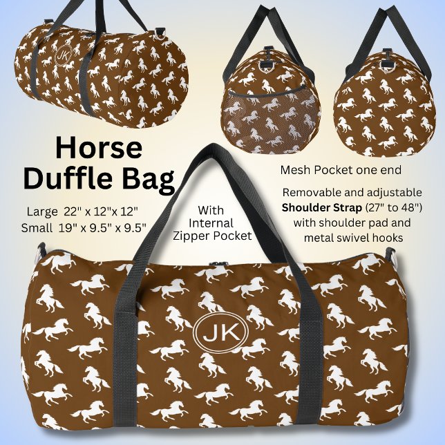 Add Initials, White Horses on Brown, Horse Lover  Duffle Bag (Creator Uploaded)