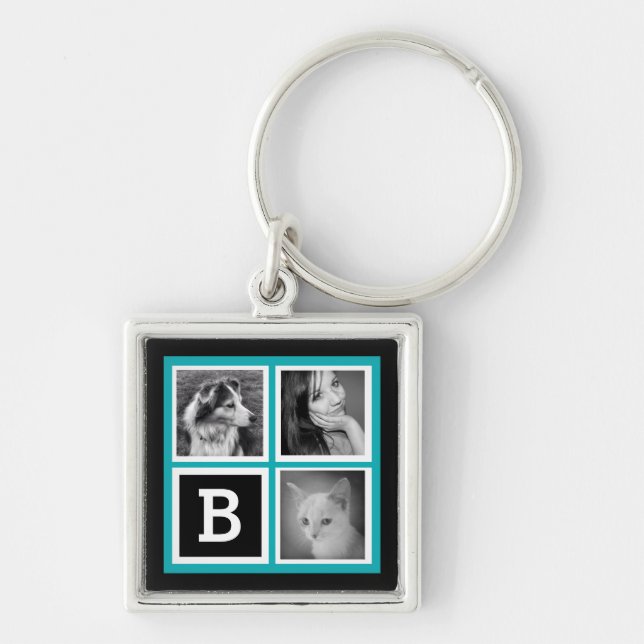 Add Instagram Photos Turquoise Monogram Key Ring (Front)