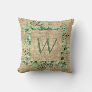 ADD LETTER -  Monogram Greenery Burlap Print Cushion