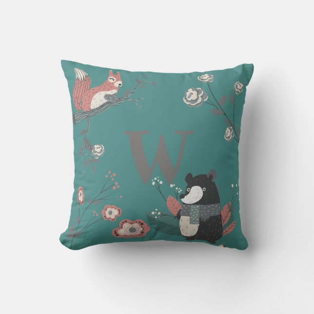 ADD LETTER -  Nordic Woodland Animals Folkart Teal Cushion (Front)