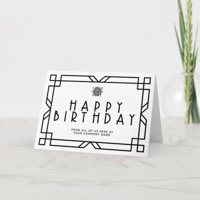 Add Logo Art Deco Business Birthday Black White Card (Front)