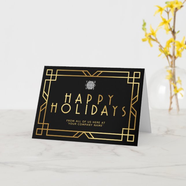 Add Logo Art Deco Gold Business Happy Holidays Card (Yellow Flower)
