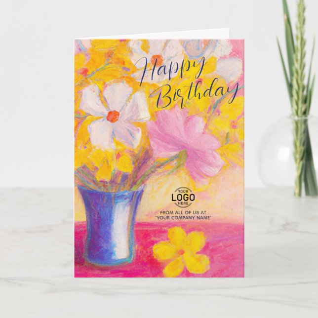 Add Logo Art Pink Yellow Flowers Business Birthday Card (Front)