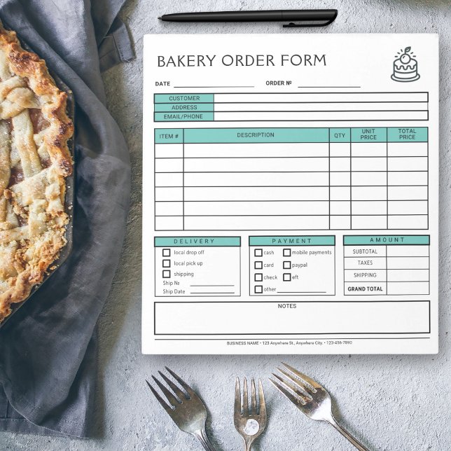 Add Logo Bakery Business Mint Green Order Form  Notepad (Creator Uploaded)