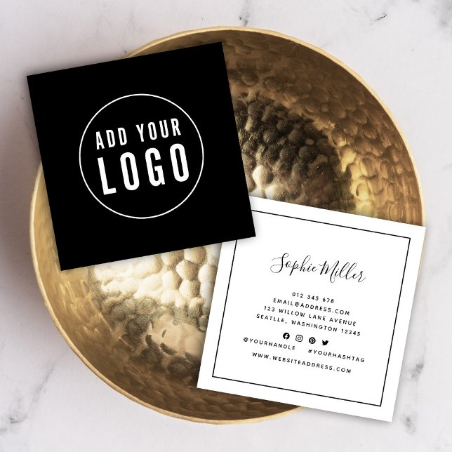 Add Logo Black Border Calligraphy Social Media Square Business Card (Creator Uploaded)