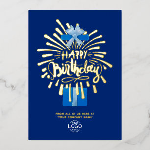 Add Logo Blue Gift Box Fireworks Business Birthday