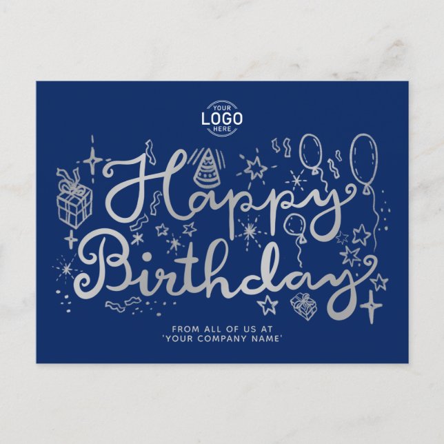 Add Logo Business Fun Doodle Silver Happy Birthday Holiday Postcard (Front)