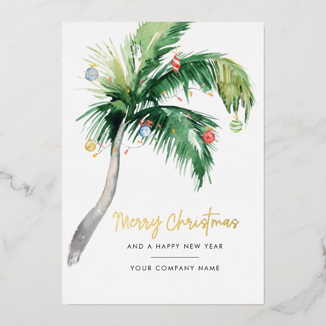 Add Logo Business Palm Tree Christmas Gold Foil Holiday Card (Front)