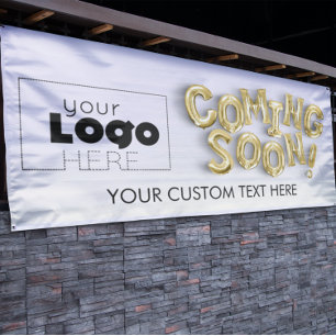 Add Logo Coming Soon Gold Letter Balloons Outdoor Banner