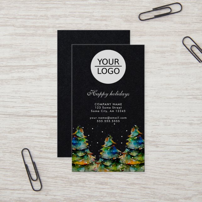 Add Logo Custom Text Christmas Pine Tree Promotion Business Card (Front/Back In Situ)